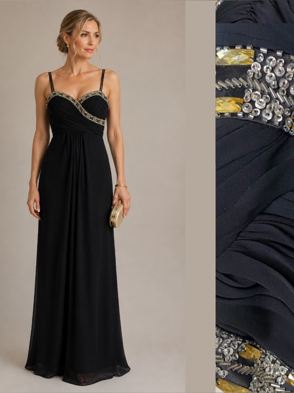 Formal Maxi Dress Black Evening Gown Gold Sequin Beaded Sheer Romantic Wedding 8